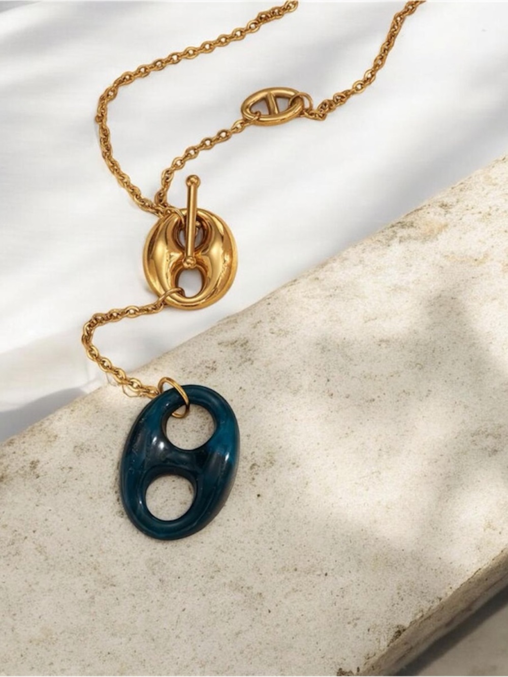 Puff Necklace with Teal Resin Pendant NWT 18KT Gold Plated PVD Coated